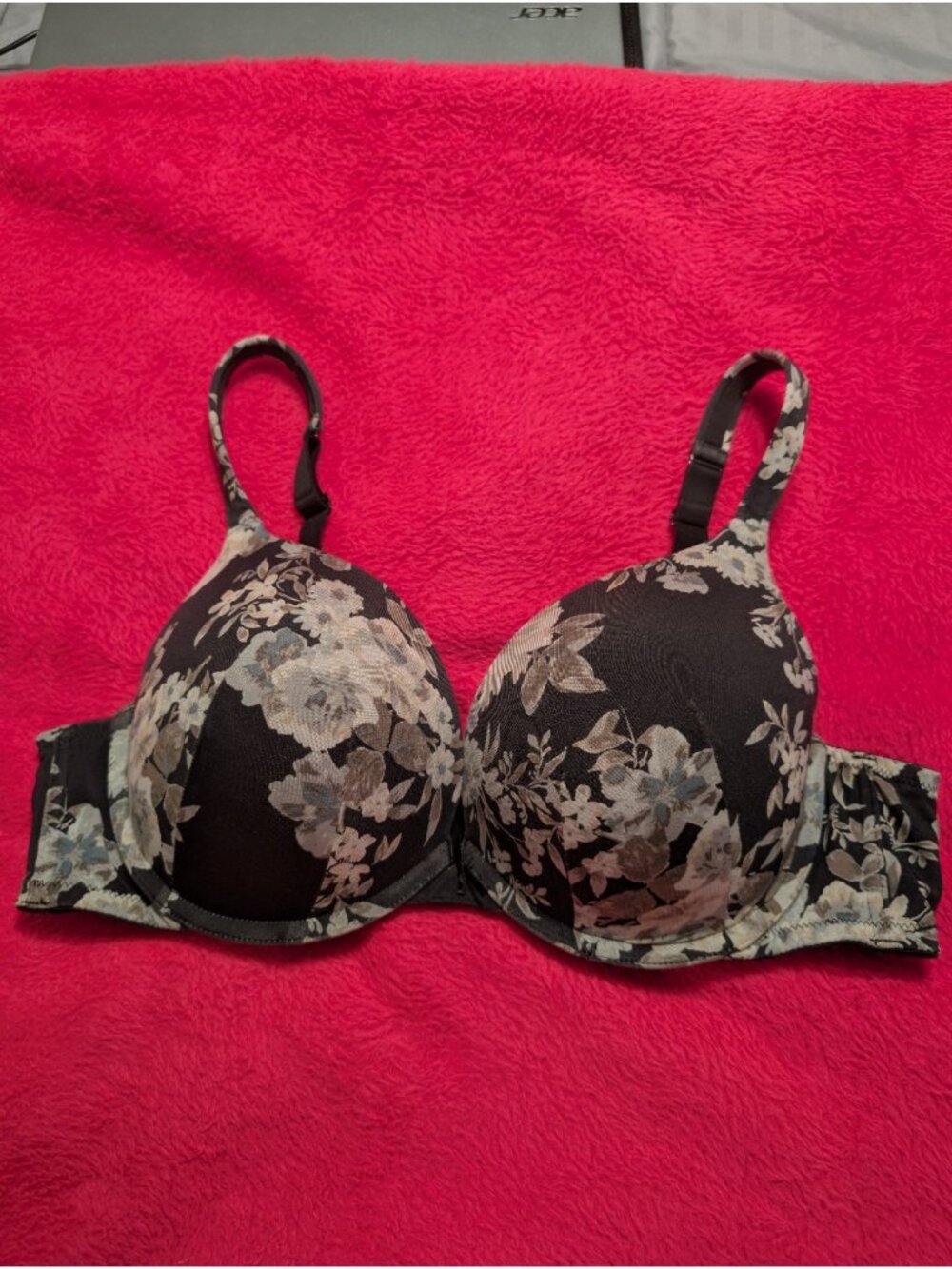 Cacique Boost Plunge Push Up Bra 42C Black Floral Padded Underwire Lane Bryant